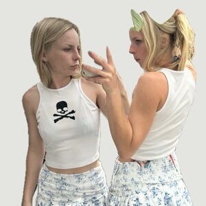 White Skull Graphic Crop Tank Top